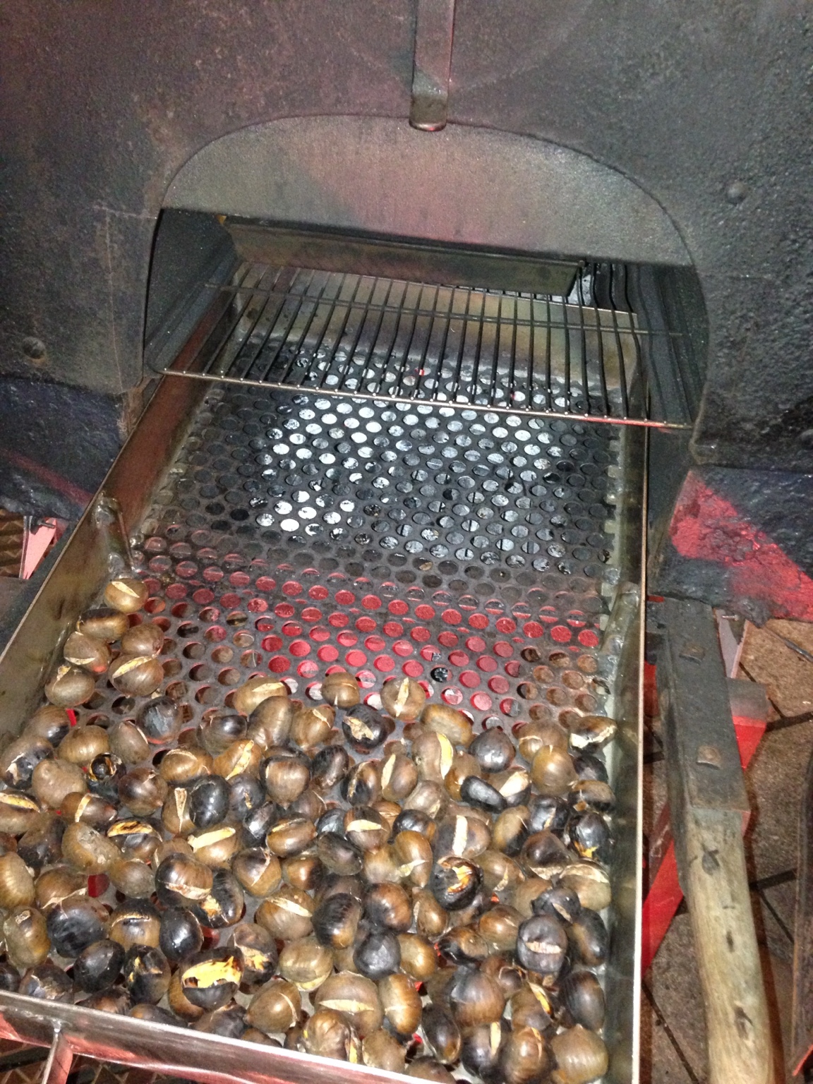 Photographie du casier de cuisson : marrons chauds sur la grille, au-dessus des braises